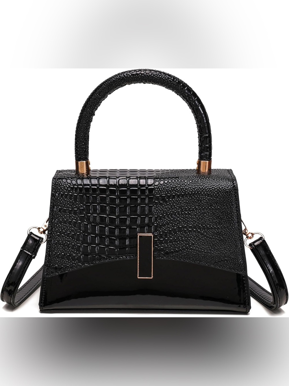 Black Croc-Embossed Structured Top-Handle Bag